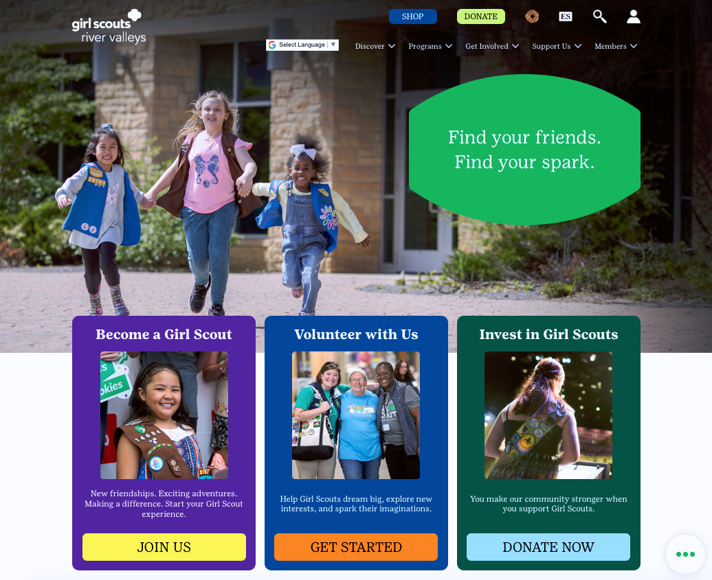 Screenshot of girlscoutsrv.org homepage