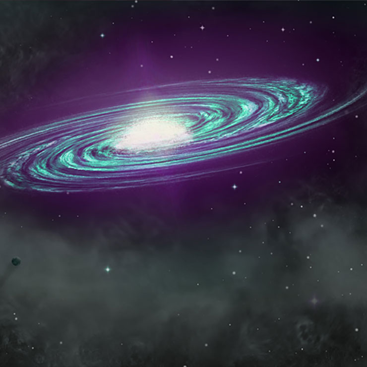 Photoshop rendering of a purple and teal galaxy in outer space