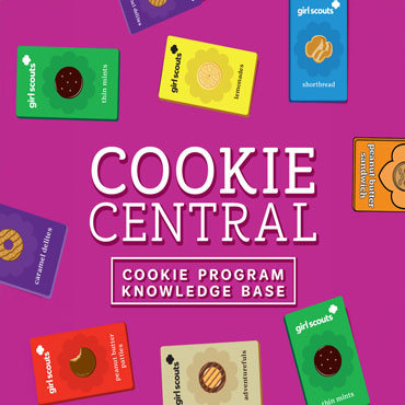 Illustration of Girl Scout Cookie boxes on a magenta backgoround with text Cookie Central, Cookie Program Knowledge Base