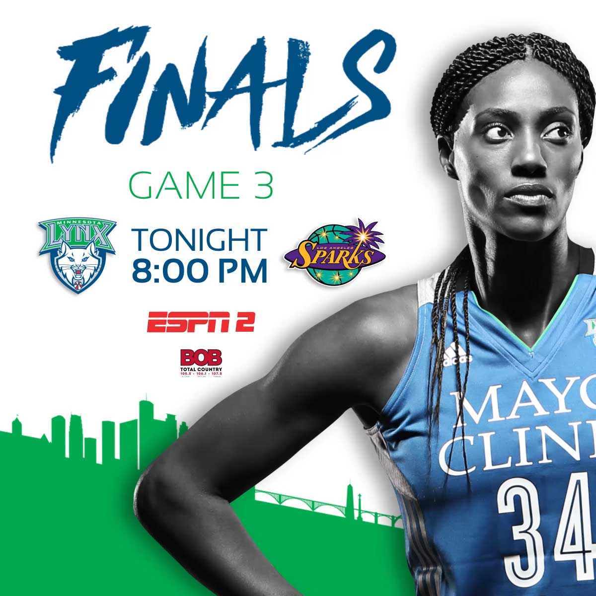 Gameday graphic of Sylvia Fowles with text Finals, Game 3 tonight 8 pm ESPN